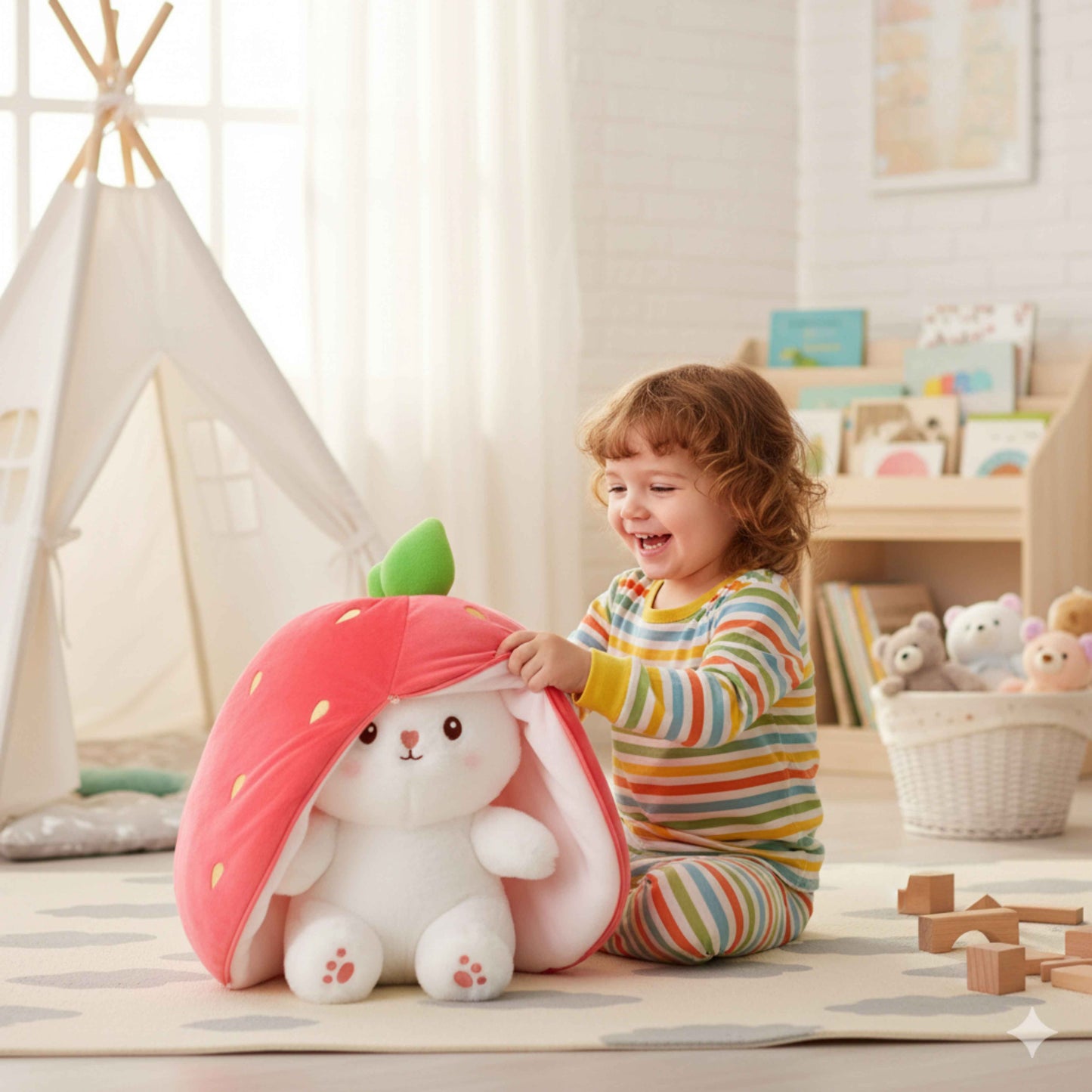 2-in-1 Strawberry Bunny Plush Animal Soft Toys for Baby and Kids (30cm) | BabyOuts