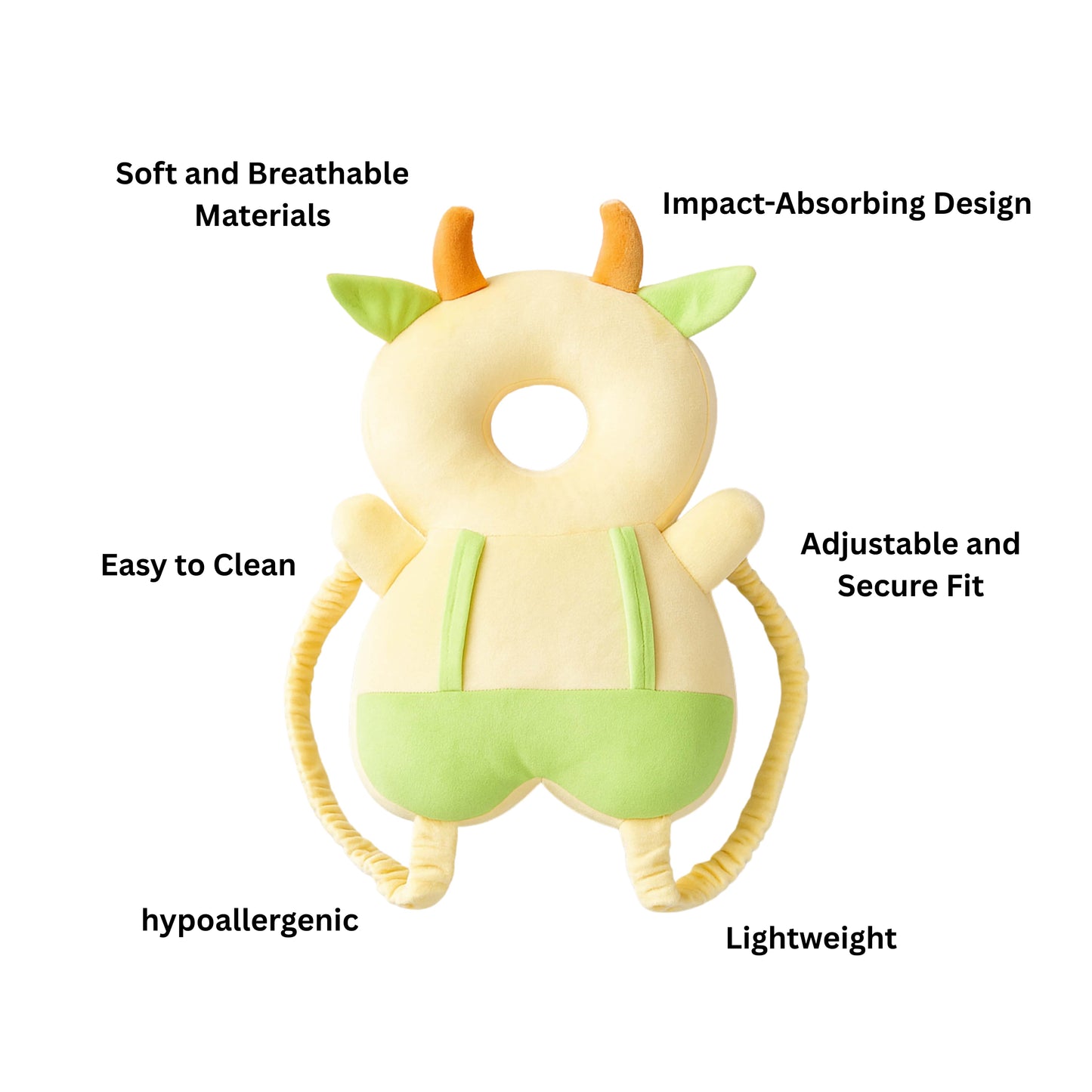 Yellow And Light Green Cow Infant Head Protector Backpack for Baby | Cream Anti-Fall Safety Cushion for Crawling | BabyOuts
