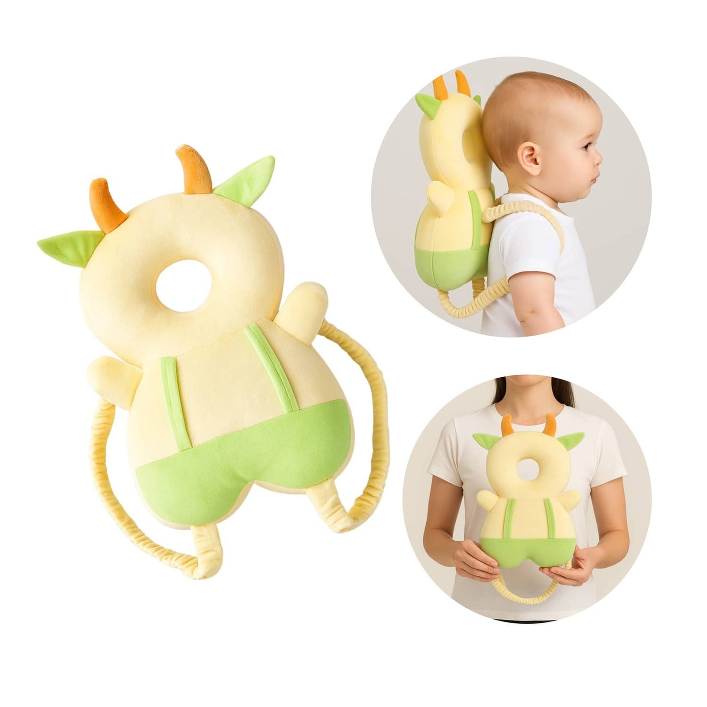Yellow And Light Green Cow Infant Head Protector Backpack for Baby | Cream Anti-Fall Safety Cushion for Crawling | BabyOuts