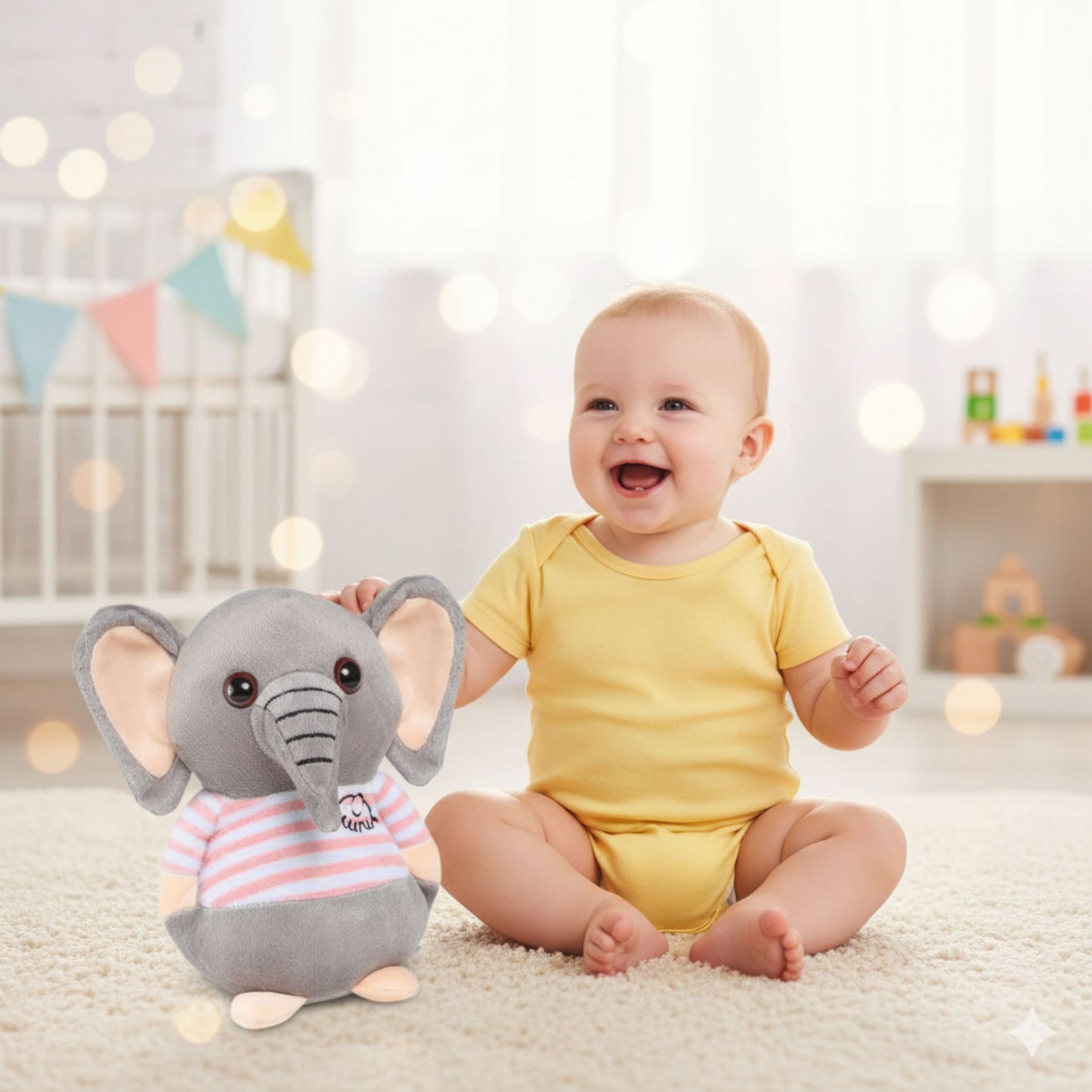 Grey Elephant Plush Animal Soft Toys in Striped Shirt for Kids | Soft Baby Stuffed Animal Soft Toy | BabyOuts